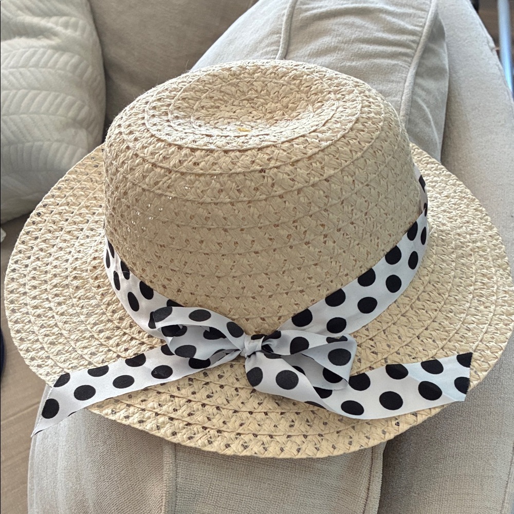 Straw Hat with Polka Dot Ribbon- Never Worn